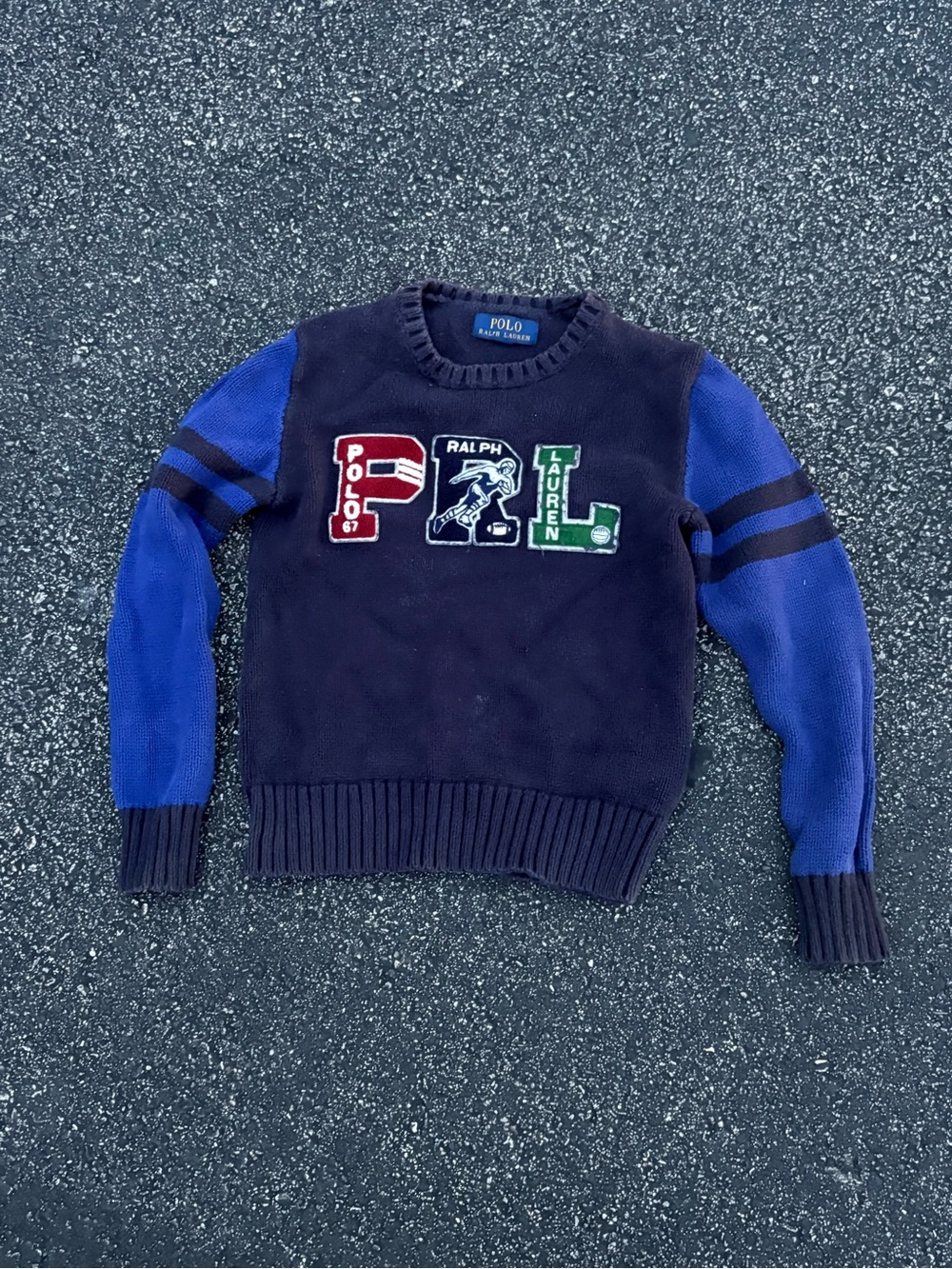 Kids Ralph Lauren Navy Crewneck Sweater with Royal Blue Sleeves